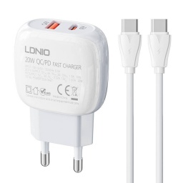Cargador Pared A2313C   USB C a Tipo C  3A  PD 20W (USB-C)+ QC3.0  Blanco  LDNIO