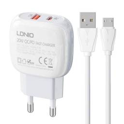 Cargador Pared A2313C   Micro USB  3A  PD 20W (USB-C)+ QC3.0  Blanco  LDNIO